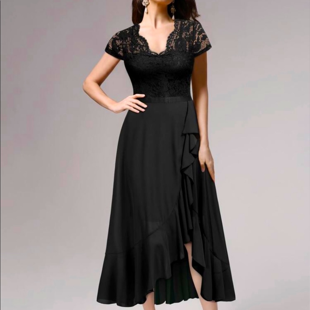 NWT Musol L Black Lace Ruffle Hi Low Dress